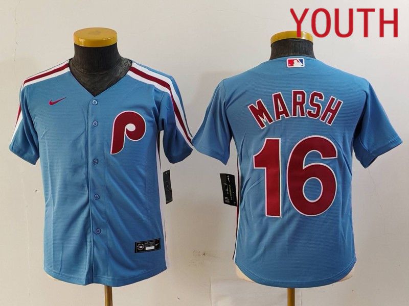 Youth Philadelphia Phillies #16 Marsh Blue Throwback 2024 Nike MLB Jersey style 1